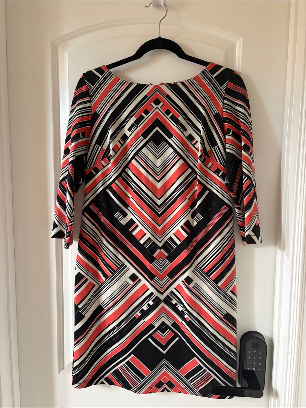 Vince Camuto Long-Sleeve Geometric Sheath Dress in Coral, Black & Cream